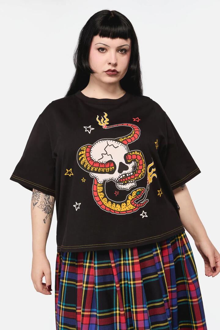 Image of a model wearing Tops. Productname: Curve Snake For Brains Grunge Tee in Black colour by brand - Dangerfield