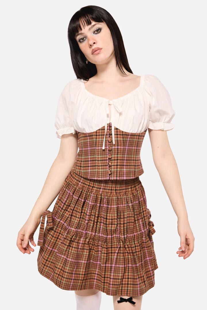 Image of a model wearing Tops. Productname: Rustic Check Corset Top in Brown colour by brand - Dangerfield