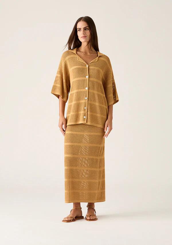 Image of a model wearing Tops. Productname: Carmen Knit Shirt in Mustard colour by brand - MOS The Label