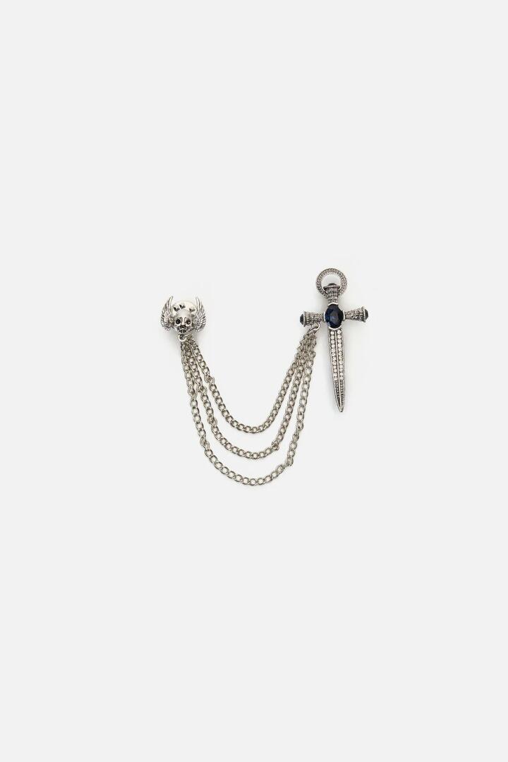 Image of Jewelry. Productname: Dagger & Skull Chain Pin in Silver colour by brand - Dangerfield