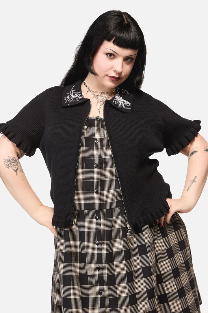 Image of a model wearing Outerwear. Productname: Curve Webbed Zipper Cardi in Black colour by brand - Black Friday