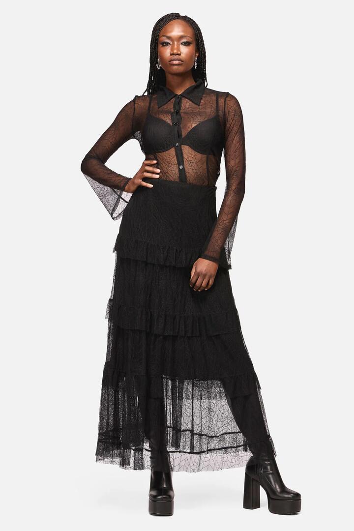 Image of a model wearing Skirts. Productname: Web Lace Midi Skirt in Black colour by brand - Black Friday