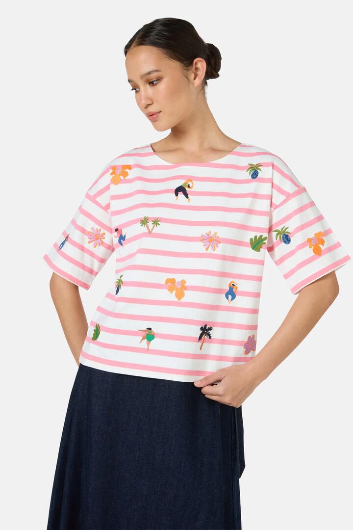 Image of T-Shirts. Product name - Hidden Paradise Embroidered Oui Non Tee in Stripe colour by brand - Gorman