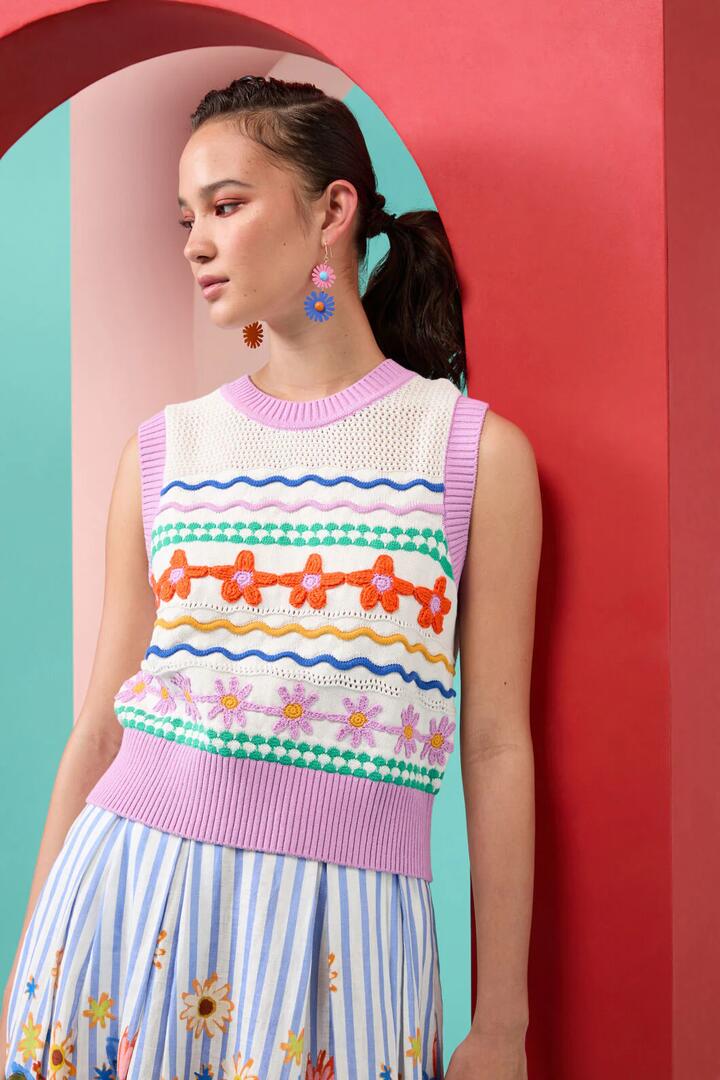 Image of Coats & Jackets. Product name - Flower Crochet Knit Vest in Multi colour by brand - Gorman