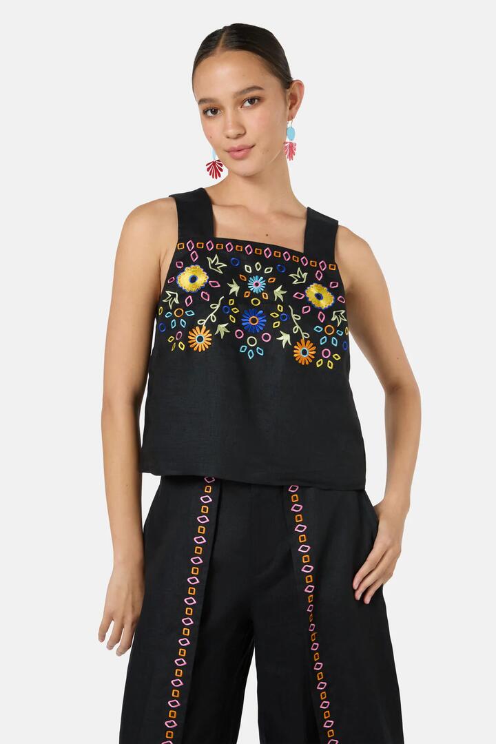 Image of a model wearing Tops. Productname: Tropic Pop Embroidered Tank in Black colour by brand - Gorman