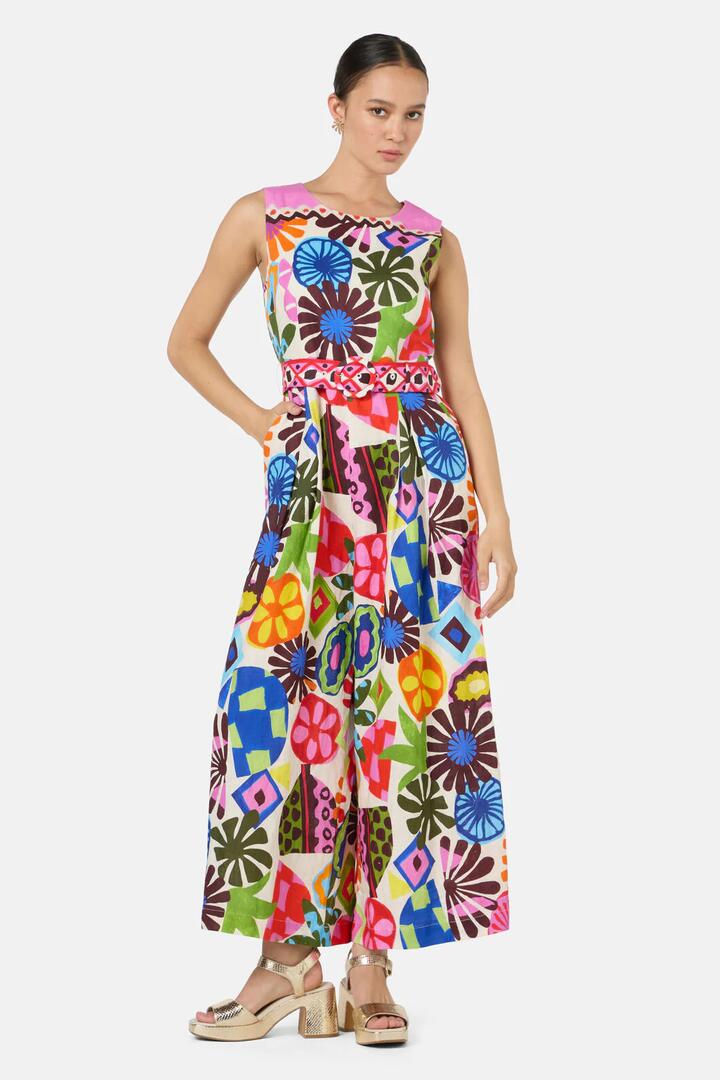 Image of a model wearing Pants. Product name - Tropic Pop Pantsuit in Print colour by brand - Gorman
