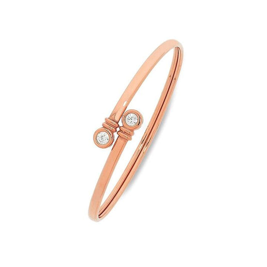 Image of Jewelry. Productname: 9kt Rose Gold Silver Infused Bangle With Cubic Zirconia Bezel Set Ends in Gold colour by brand - Bevilles