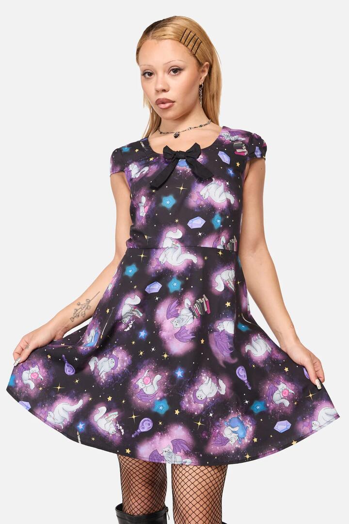 Image of a model wearing Tops. Productname: Witches Familiar Short Sleeve Dress in Black colour by brand - Black Friday