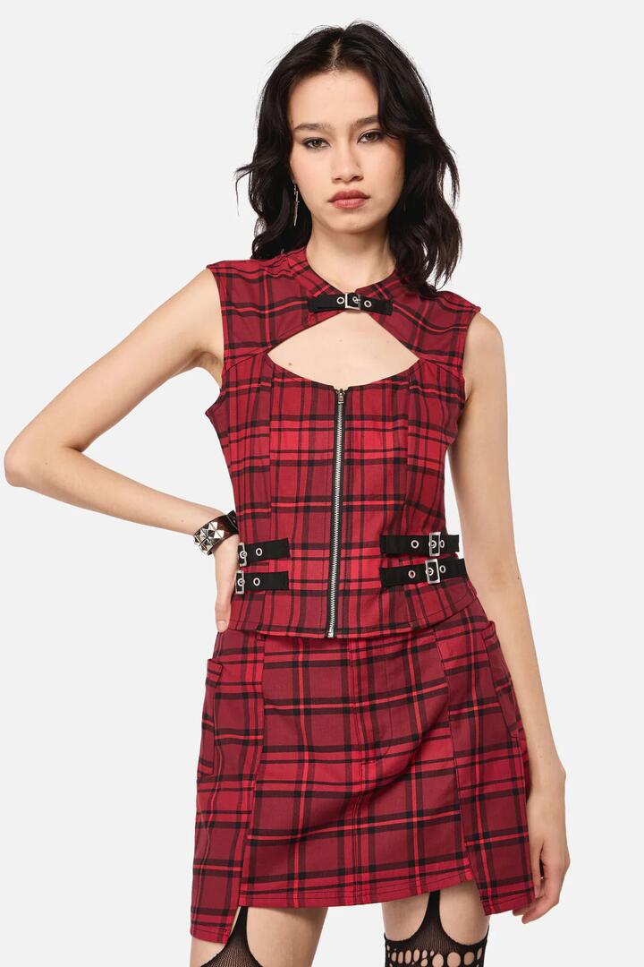 Image of a model wearing Tops. Productname: Over It Tartan Corset Top in Red colour by brand - Dangerfield