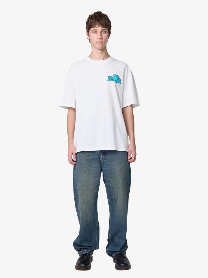 Image of a model wearing Tops. Productname: Deus Snoozin Tee in Vintage White colour by brand - Deus