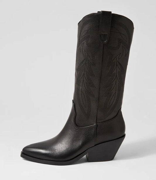 Image of Boots. Productname: Riders Black Leather Knee High Boots in BLACK-BLACK HEEL colour by brand - MIDAS