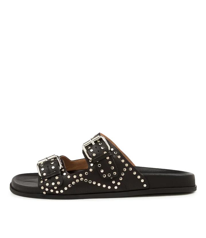 Image of Slippers. Productname: Heire Black Silver Leather Slides in BLACK-SILVER colour by brand - MOLLINI