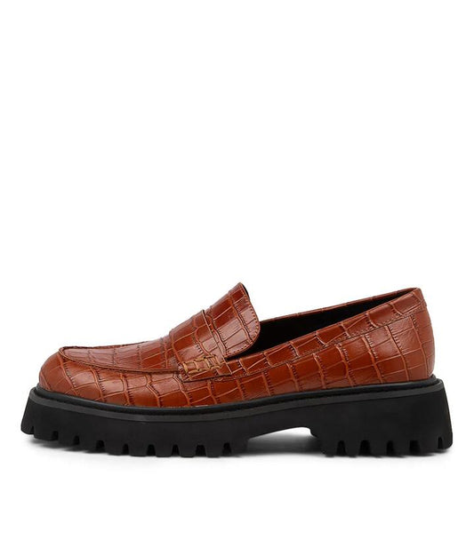 Image of Flats. Productname: Sia Dark Tan Croc Leather Loafers in DK TAN colour by brand - MOLLINI