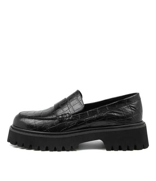 Image of Flats. Productname: Sia Black Croc Leather Loafers in BLACK colour by brand - MOLLINI