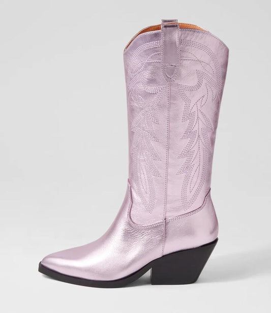 Image of Boots. Productname: Riding Pale Pink Metallic Leather Knee High Boots in PALE PINK METALLIC colour by brand - MOLLINI