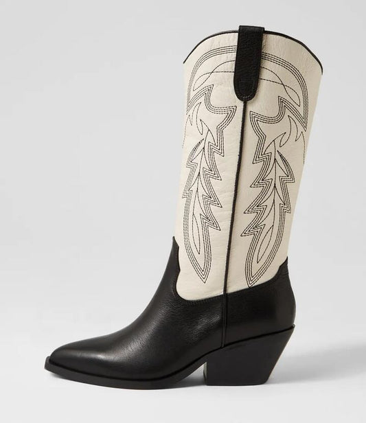 Image of Boots. Productname: Riding Black Cream Leather Knee High Boots in BLACK-CREAM colour by brand - MOLLINI