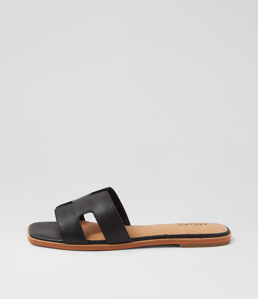 Image of Slippers. Productname: Stevans Black Natural Leather Slides in BLACK-NATURAL SOLE colour by brand - MIDAS