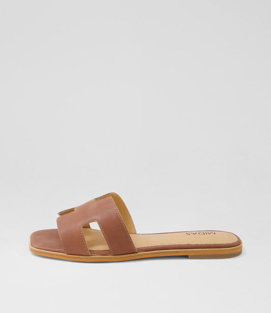 Image of Slippers. Productname: Stevans Walnut Leather Slides in WALNUT colour by brand - MIDAS