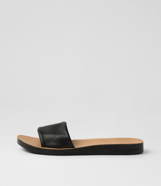 Image of Slippers. Productname: Natiny Black Leather Slides in BLACK-BLACK SOLE colour by brand - MIDAS