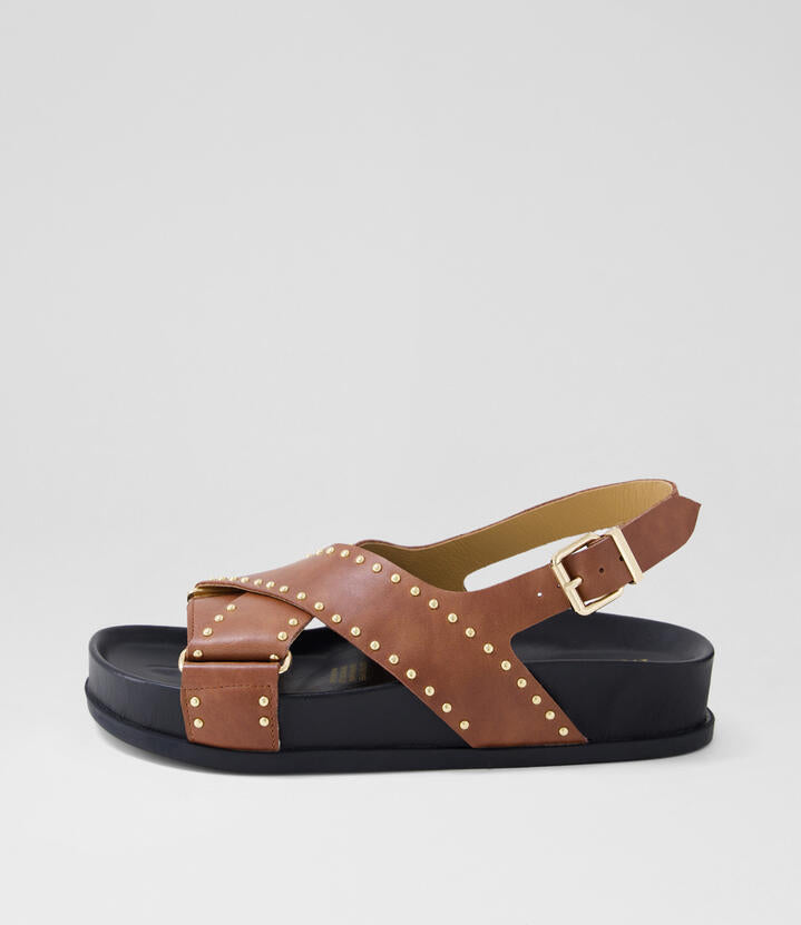 Image of Slippers. Productname: Cansi Walnut Leather Slides in Walnut colour by brand - MOLLINI