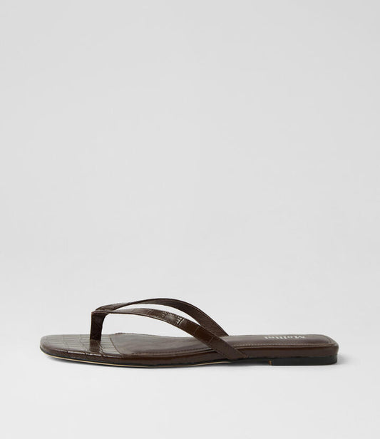 Image of Sandals. Productname: Reille Choc Croc Leather Thongs in CHOC colour by brand - MOLLINI