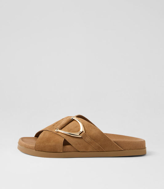 Image of Slippers. Productname: Rulle Light Choc Suede Slides in LT CHOC colour by brand - MIDAS