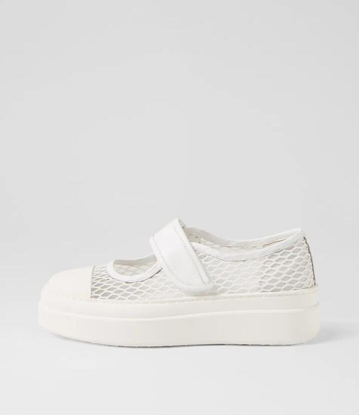 Image of Flats. Productname: Almma White Mesh Leather Lace Up Flats in WHITE-WHITE SOLE colour by brand - MIDAS