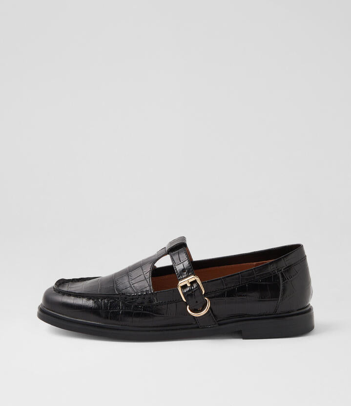 Image of Footwear. Productname: Gahla Black Shine Croc Leather Flat Shoes in BLACK SHINE colour by brand - MOLLINI