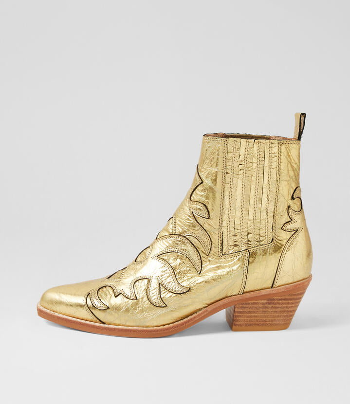 Image of Boots. Productname: Eeger Gold Distressed Leather Ankle Boots in GOLD colour by brand - MIDAS