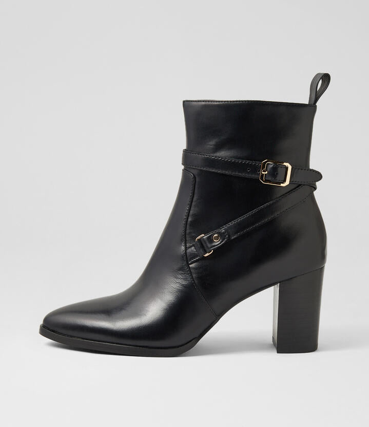 Image of Boots. Productname: Acadam Black Leather Ankle Boots in Black-Black Heel colour by brand - MIDAS