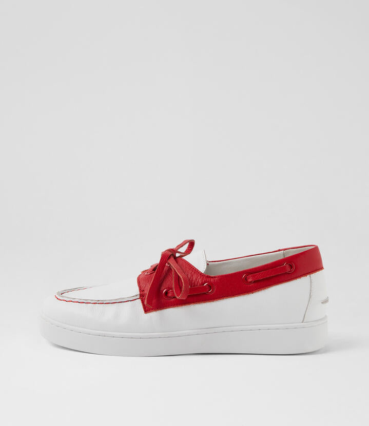 Image of Sneakers. Productname: Jaylons White Red Leather Sneakers in WHITE-RED colour by brand - MIDAS