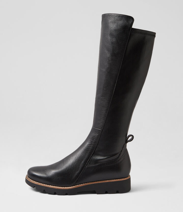 Image of Boots. Productname: Demo Black Leather Stretch Knee High Boots in BLACK-BLACK SOLE colour by brand - MIDAS