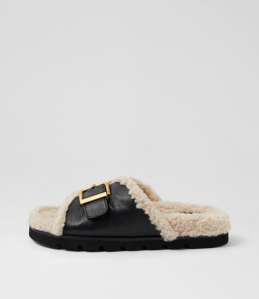 Image of Slippers. Productname: Esme Black Cream Leather Shearling Slides in BLACK-CREAM colour by brand - MOLLINI
