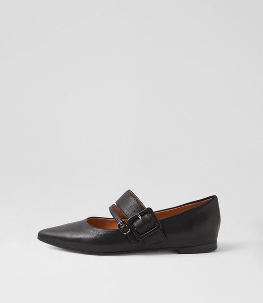 Image of Footwear. Productname: Yasmine Black Leather Flat Shoes in BLACK colour by brand - MIDAS