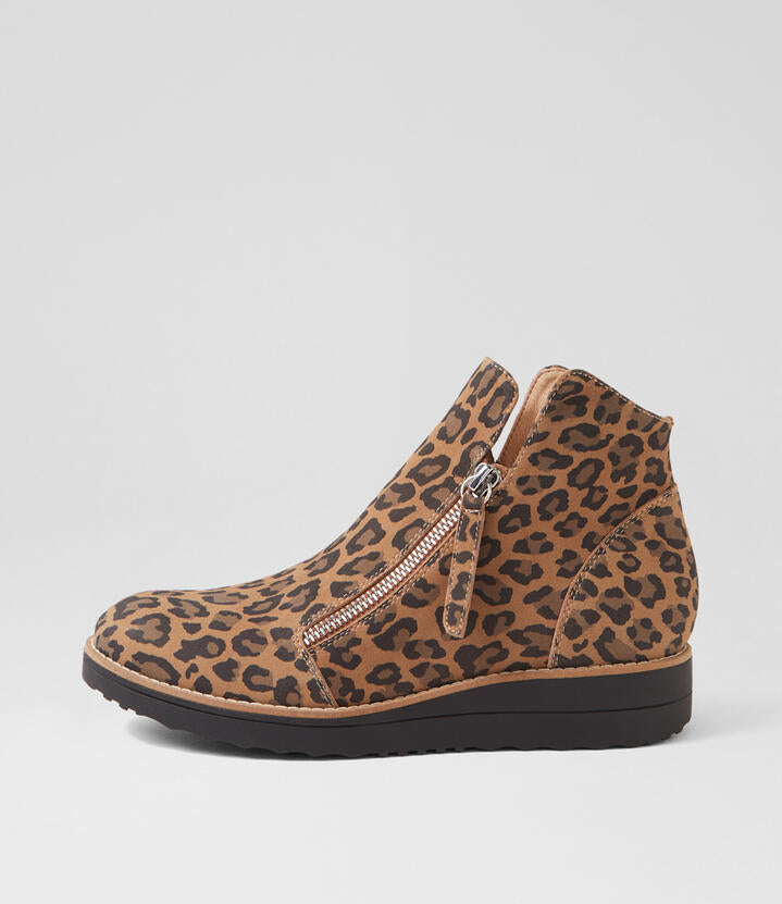 Image of Boots. Productname: Olise Camel Leopard Black Suede Ankle Boots in CAMEL LEOPARD-BLACK SOLE colour by brand - MIDAS