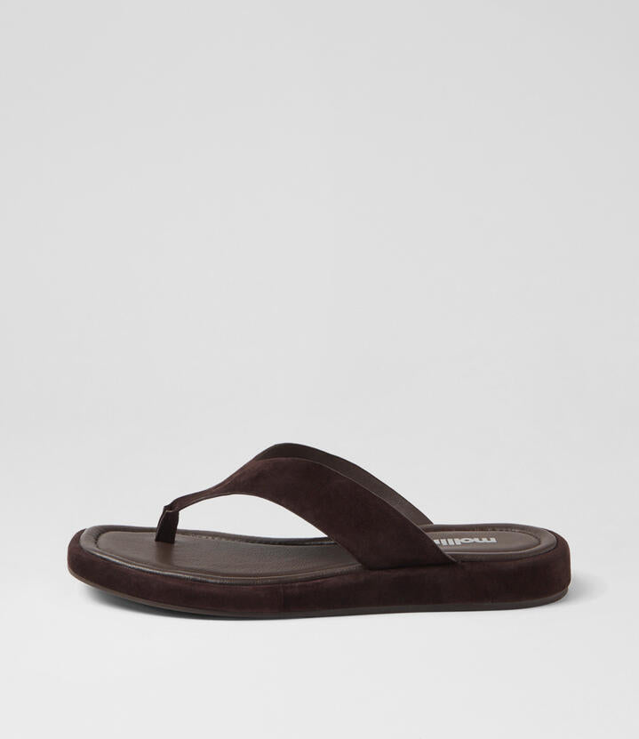 Image of Sandals. Productname: Roxee Dark Choc Suede Thongs in DK CHOC colour by brand - MOLLINI