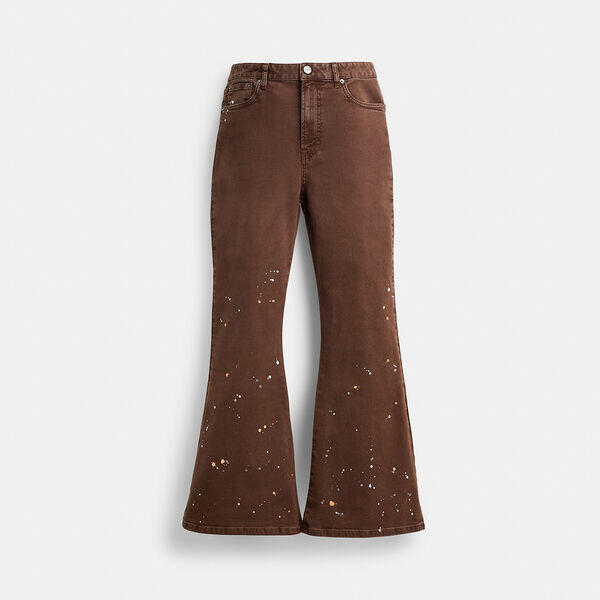 Image of a model wearing Denim. Productname: Canvas Boot Cut Jeans in Brown colour by brand - Coach Outlet Australia