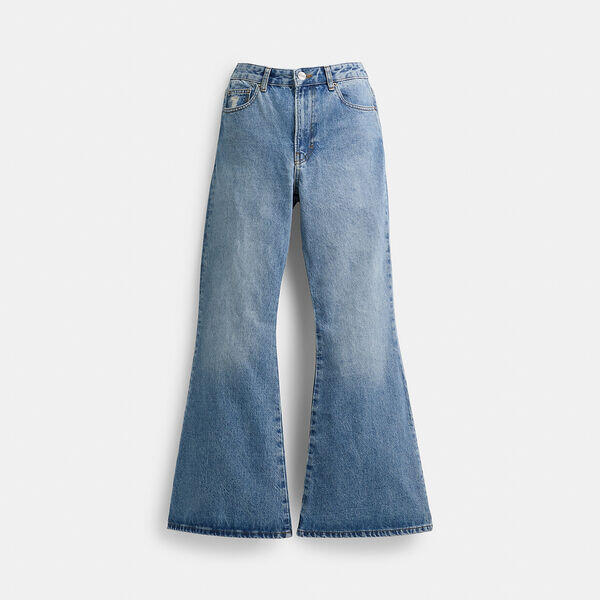 Image of a model wearing Denim. Productname: Denim Boot Cut Jeans in Blue colour by brand - Coach Outlet Australia