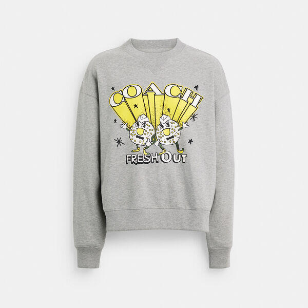 Image of a model wearing Outerwear. Productname: Bagel Crewneck Sweatshirt in HEATHER GREY colour by brand - Coach Outlet Australia