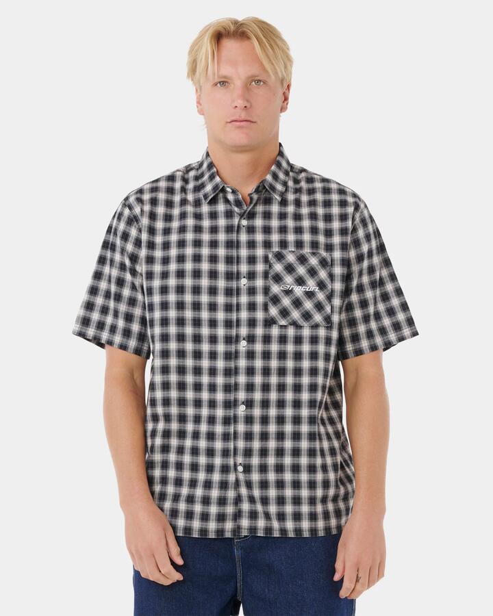 Image of a model wearing Tops. Productname: Rip Curl Mens Archive Script Plaid Short Sleeve Shirt Black - in Black colour by brand - Rip Curl