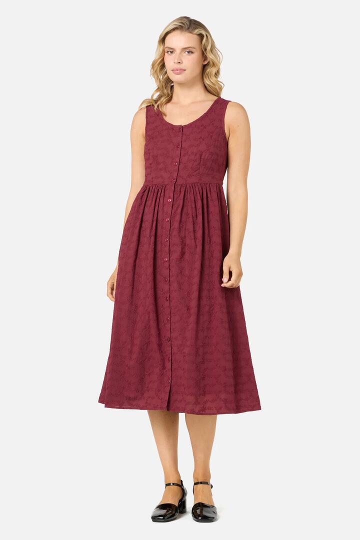 Image of Dresses. Product name - Lily Broidery Midi Dress in Wine colour by brand - Princess Highway