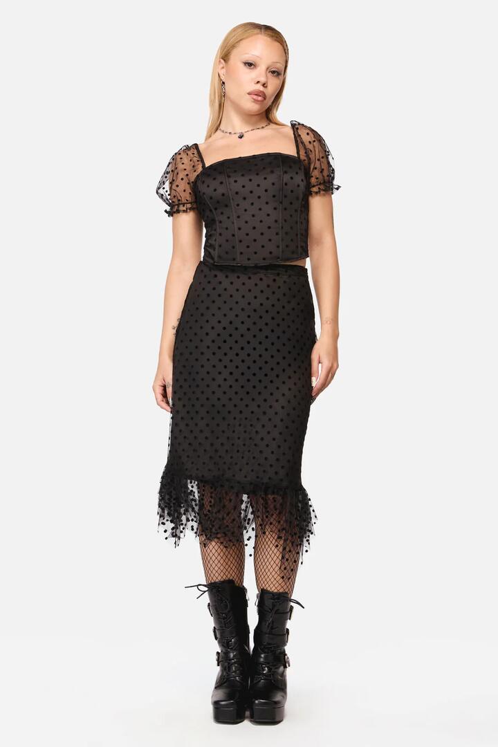 Image of a model wearing Skirts. Productname: Polka Party Mesh Skirt in Black colour by brand - Black Friday