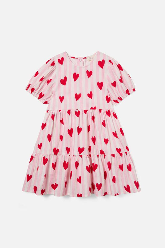 Image of a model wearing Dress. Productname: Heart Stripe Kids Dress in Pink colour by brand - Princess Highway Kids