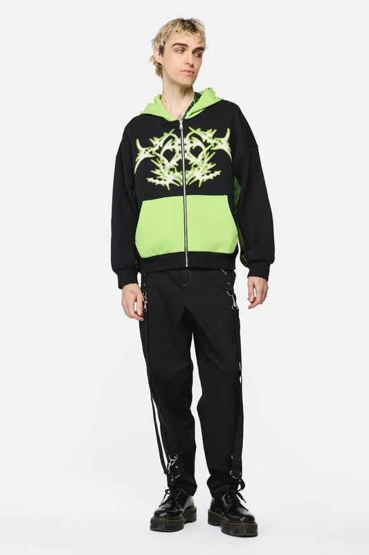 Image of a model wearing Outerwear. Productname: Shock To The System Zipper Hoodie in Green/Black colour by brand - Black Friday