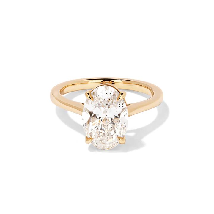 Image of Jewelry. Productname: 3.00ct Oval Laboratory-Grown Diamond Solitaire Ring in 9kt Yellow Gold in Diamond colour by brand - Bevilles