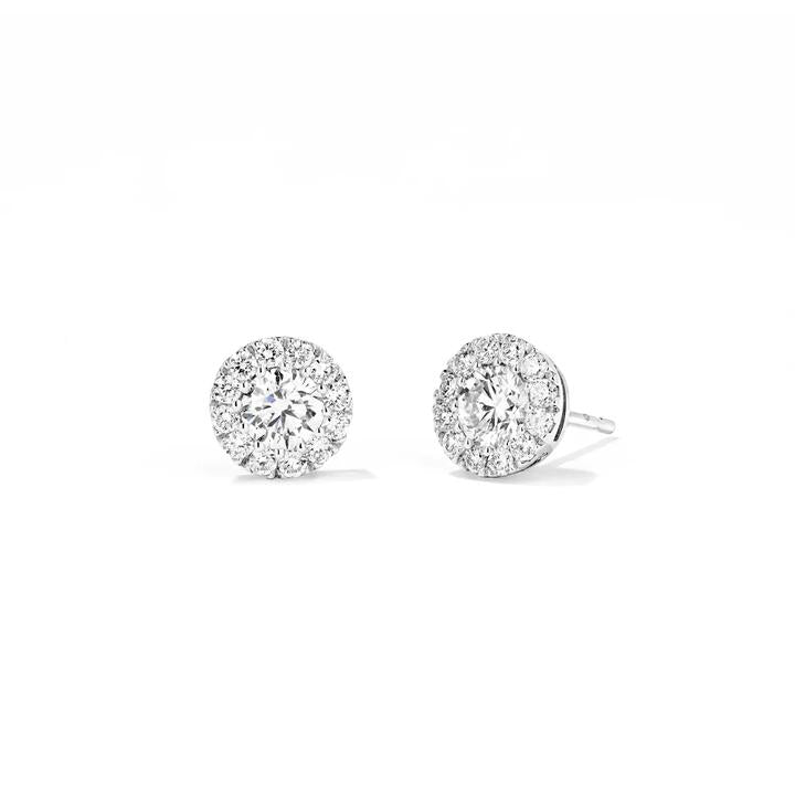 Image of Earrings. Productname: Halo Stud Earrings with 1.00tw of Laboratory-Grown Diamonds in Sterling Silver and Platinum in Diamond colour by brand - Bevilles