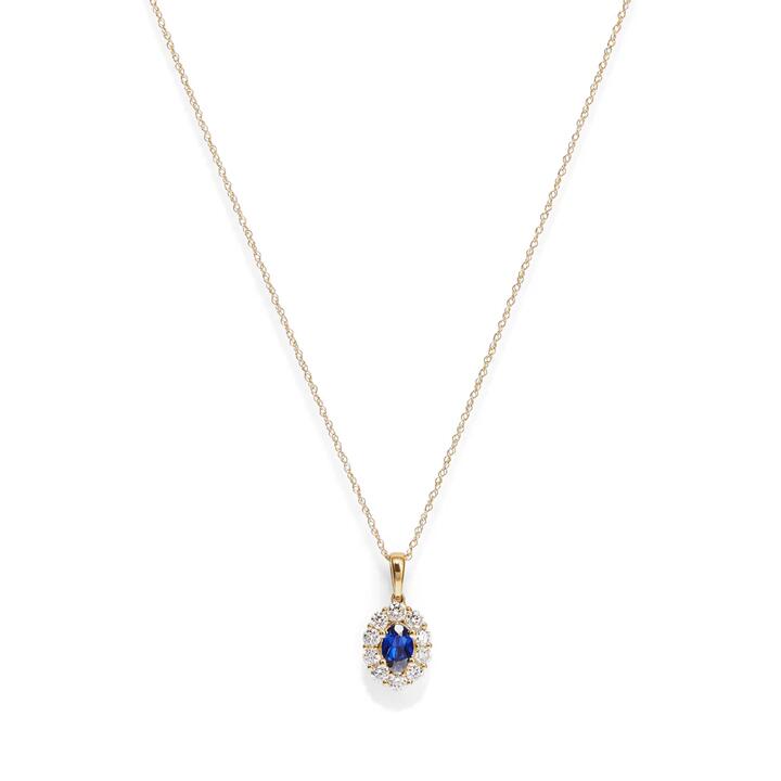 Image of Charms. Productname: 45cm Oval Created Sapphire Halo Pendant Necklace with 0.46tw of Laboratory-Grown Diamonds in 9kt Yellow Gold in Diamond colour by brand - Bevilles