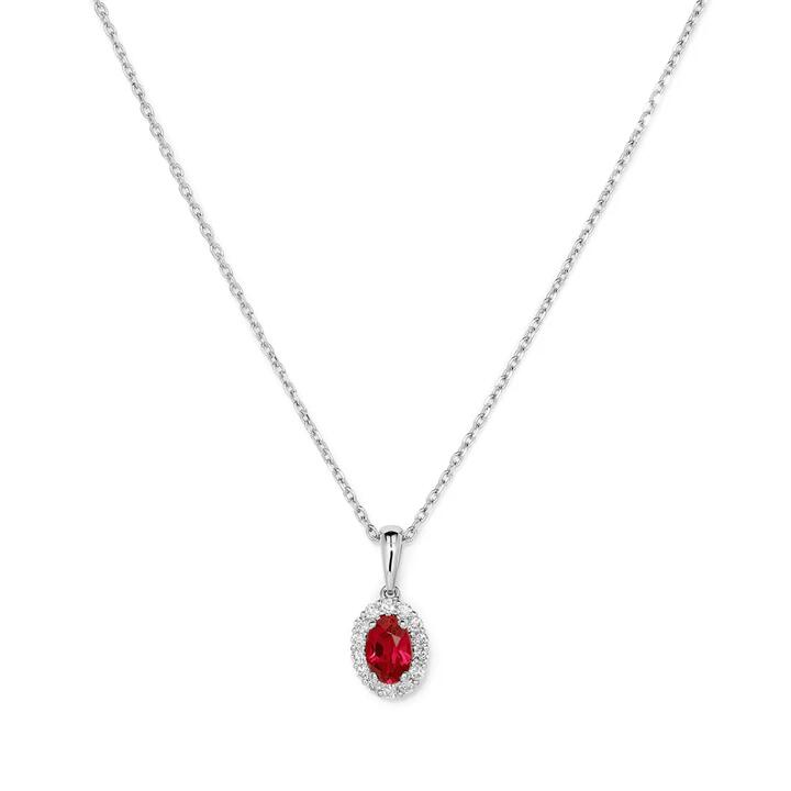 Image of Charms. Productname: 45cm Oval Created Ruby Halo Pendant Necklace with 0.13tw of Laboratory-Grown Diamonds in Sterling Silver and Platinum in Diamond colour by brand - Bevilles