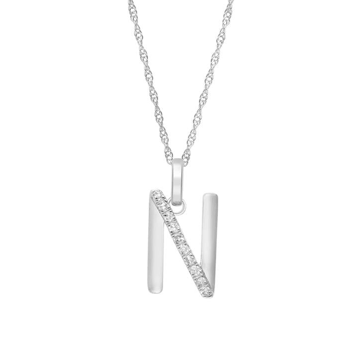 Image of Charms. Productname: 45cm N Initial Pendant Necklace with 0.05tw of Laboratory-Grown Diamonds in Sterling Silver and Platinum in Diamond colour by brand - Bevilles
