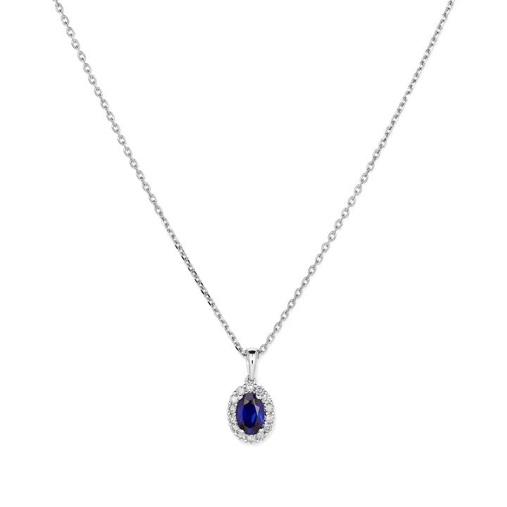 Image of Charms. Productname: 45cm Oval Created Sapphire Halo Pendant Necklace with 0.13tw of Laboratory-Grown Diamonds in Sterling Silver and Platinum in Diamond colour by brand - Bevilles
